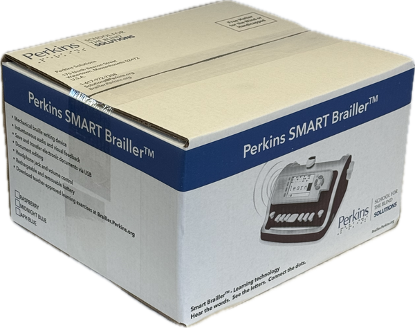 A cardboard product box for Perkins SMART Braille réadér, shown at an angle on a white background. The box is beige with a blue band and printed product imagery and text.